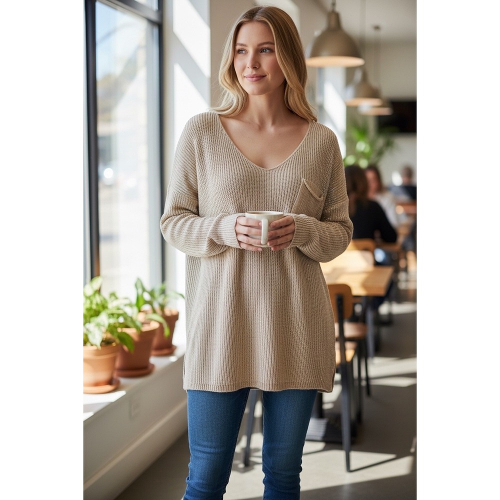 Marisima Made in Italy Metallic Foil V-Neck Knit Sweater Beige One Size OS